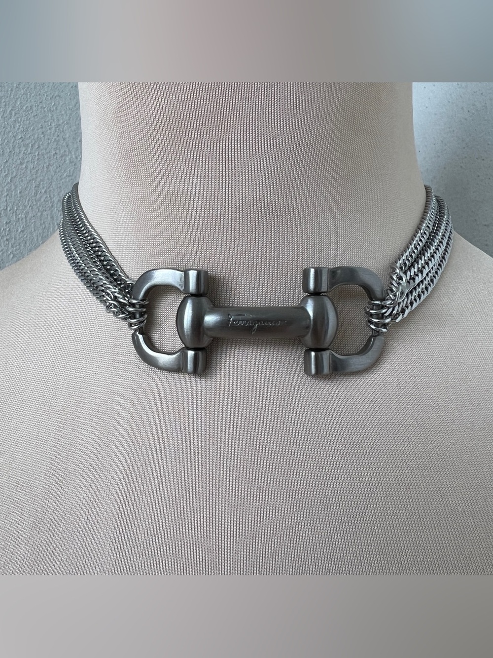 Vtg Salvatore Ferragamo Silver Horsebit Hardware & Multi Chain Choker Necklace - Picture 9 of 9
